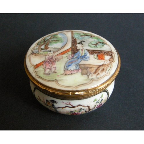 Round box porcelain  decorated with chinese scenes and flowers a birds,  gold metal mount  occidental